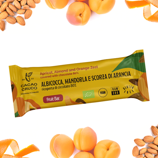 Apricot, almond, and orange peel bar covered in 80% dark chocolate - 30 g