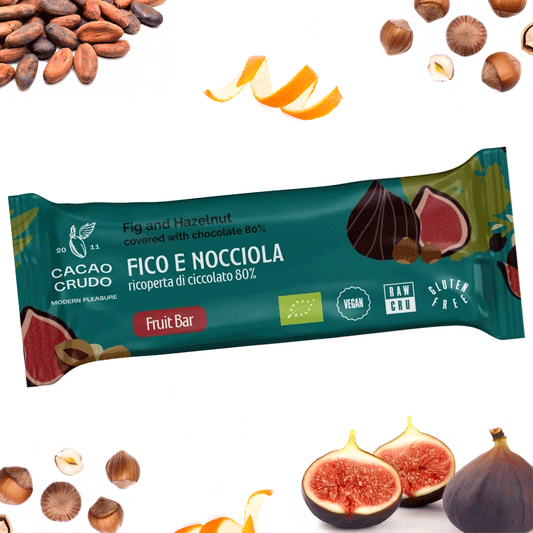 Fig, hazelnut, and orange peel bar covered in 80% dark chocolate - 30 g