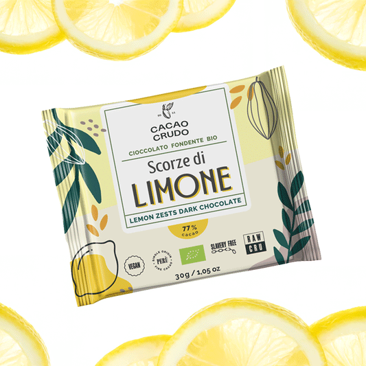 Pasta di cacao crudo fondente 77% con scorze di limone – 30 g